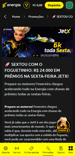 Página de uma oferta de bônus sem depósito na Energia.bet, que distribuí prêmios toda sexta-feira