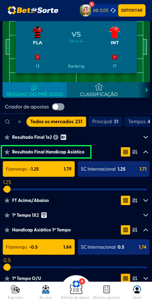 Interface de apostas em um jogo do Brasileirão na BetdaSorte com mercados de handicaps
