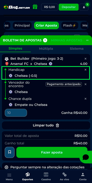 Bilhete de apostas na BR4bet feito com Bet Builder, incluindo mercados de handicap