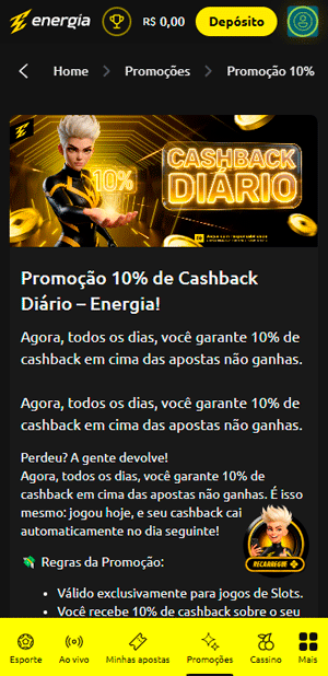 Página da oferta de cashback no novo cassino Energia.bet