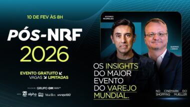Rodrigo Havro Rodrigues (OpusMúltipla) e Gustavo Carrer (Inwave), palestrantes do Pós-NRF 2026, debatem a transição do varejo global para a "era da execução" em evento no Shopping Mueller. (Foto: Divulgação/Grupo OM)