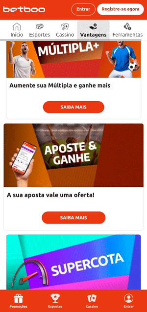 Seção de promoções ativas no app da Betboo, disponível para baixar na Play Store