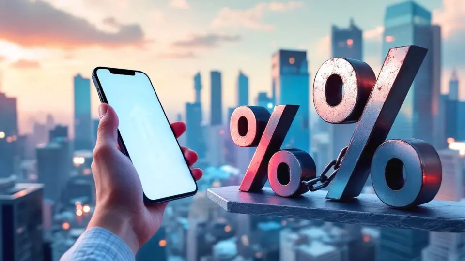 Mão segura celular com gráfico de alta ao lado de símbolos de porcentagem acorrentados, ilustrando o impacto dos juros altos na portabilidade de crédito do Open Finance.
