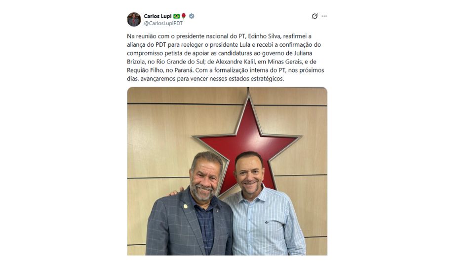 Após reunião com Edinho Silva, Lupi divulgou que PT e PDT fecharam aliança em torno da candidatura de Kalil para o governo de Minas. Edinho desmentiu Lupi em nota.