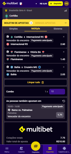 Bilhete de aposta múltipla na Multibet com 3 seleções onde é compatível o Pagamento Antecipado