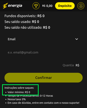Interface de saque da Energia.bet, plataforma legalizada sem limite de saque mínimo