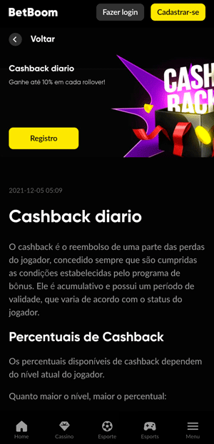 Oferta de cashback na BetBoom para resgatar com depósito de R$ 5
