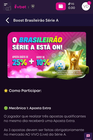 Página da promoção Boost Brasileirão, ativa com o código VBET