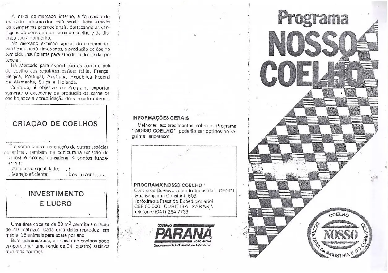 Folder explicativo do programa Nosso Coelho, do governo do Paraná