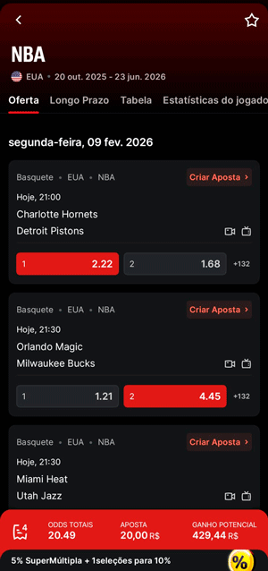 Interface de apostas na NBA da Superbet, com oferta de bônus para bilhetes combinados
