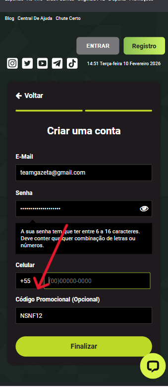 Captura de tela mostra campo indicado para adicionar o código promocional F12 Bet logo no cadastro