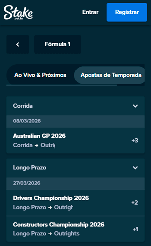Interface de apostas na Fórmula 1 da Stake com campeonatos em destaque
