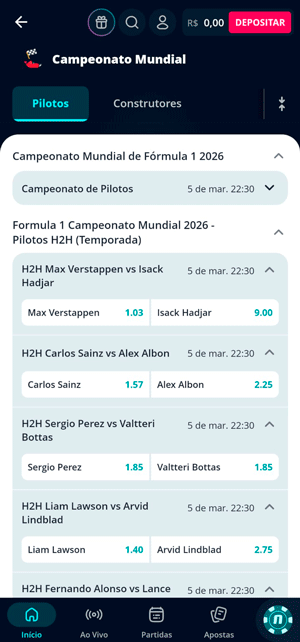  Interface de apostas na Fórmula 1 da Novibet com palpites no mercado de H2H
