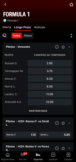 Interface de apostas na Fórmula 1 da Superbet com opções de mercados para montar múltiplas
