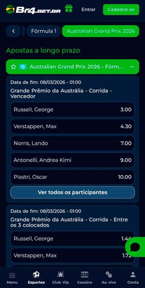  Interface intuitiva de apostas na Fórmula 1 da BR4bet
