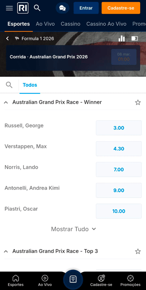 Página de apostas na Fórmula 1 da Rivalo com botão de centro de estatísticas