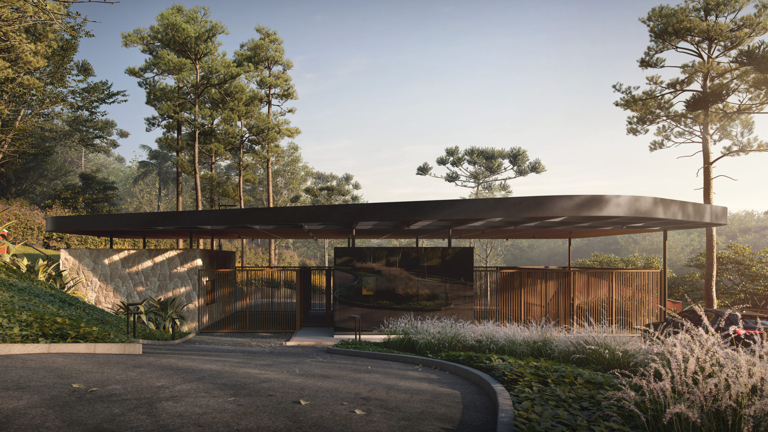 Portaria da Chácara Kantuá combina arquitetura contemporânea, segurança e integração com a natureza.