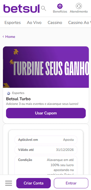 Página da oferta para múltiplas na Betsul que pode ser ativada apostando apenas R$ 3