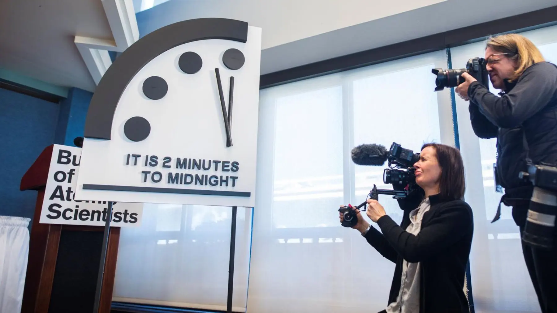 A anúncio da atualização do Relógio do Fim do Mundo feito em 2018.