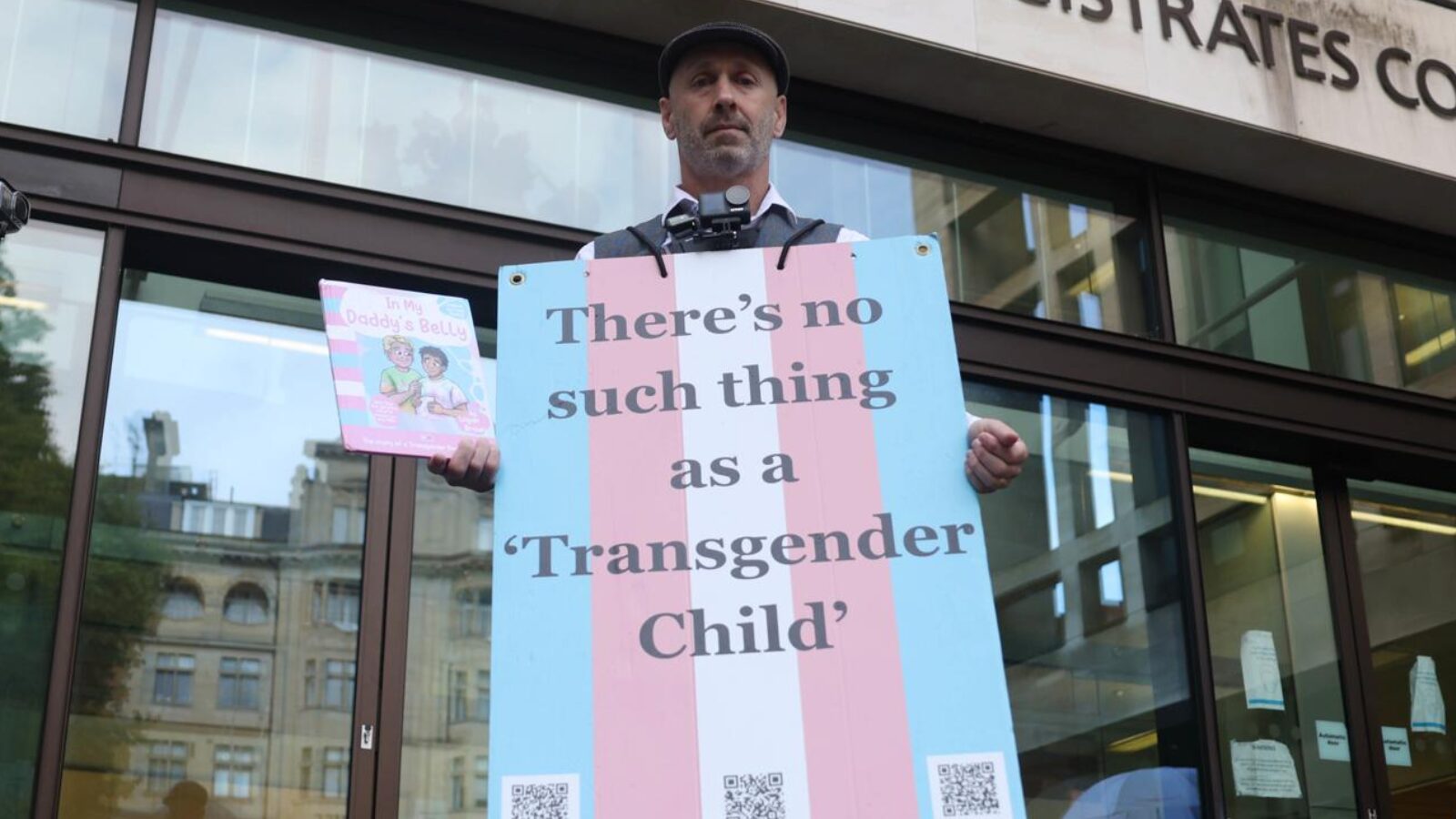 Manifestante segura cartas em frente a tribunal em Londres, em setembro de 2025: “Não existe criança transgênero”