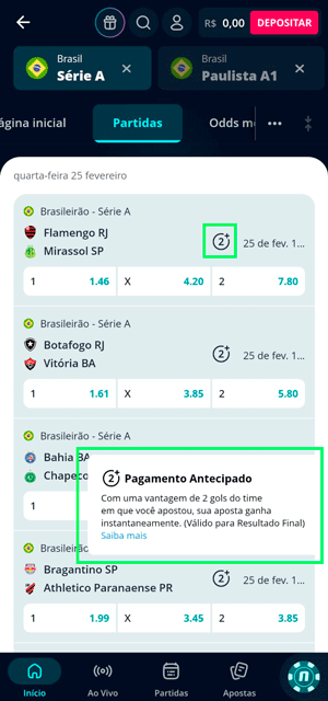 Interface de apostas em partidas de futebol na Novibet, com selo de pagamento antecipado 2 gols