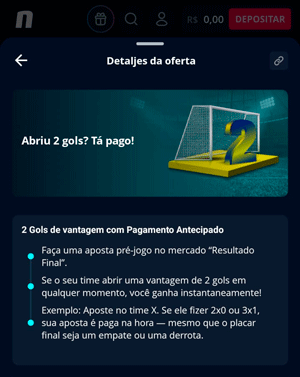 Página da oferta de pagamento antecipado 2 gols para futebol na Novibet