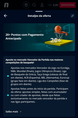 Página da oferta de pagamento Antecipado para basquete na Novibet