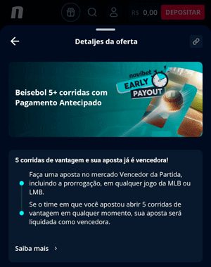 Página da oferta de pagamento antecipado para beisebol na Novibet