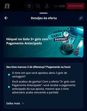 Página da oferta de pagamento antecipado para hóquei no gelo na Novibet