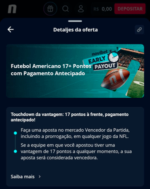 Página da oferta de pagamento antecipado para futebol americano na Novibet
