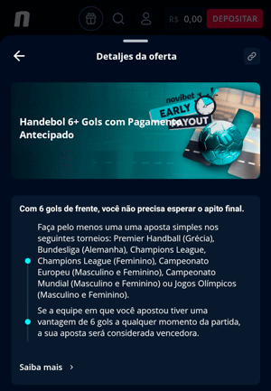 Página da oferta de pagamento antecipado para handebol na Novibet