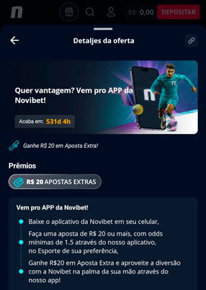 Captura de tela da oferta do app da Novibet, disponível com o código promocional