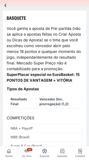 Oferta de pagamento antecipado para basquete na Superbet