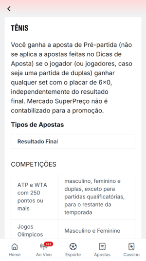 Oferta de pagamento antecipado para tênis na Superbet