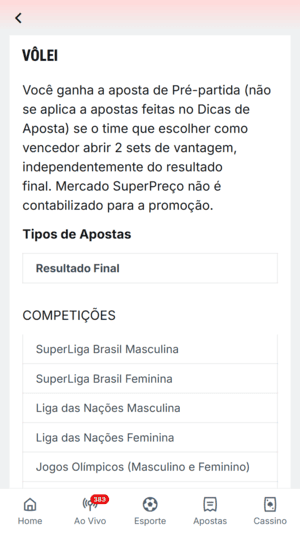 Oferta de pagamento antecipado para vôlei na Superbet