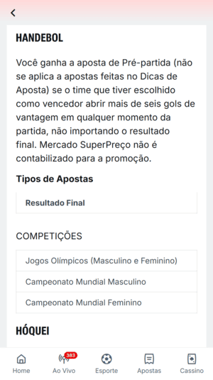 Oferta de pagamento antecipado para handebol na Superbet