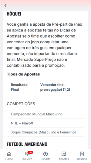 Oferta de pagamento antecipado para hóquei na Superbet