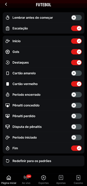 Menu das configurações no app da Superbet para personalizar as notificações de Futebol