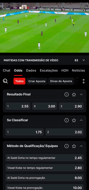 Transmissão ao vivo de jogo de futebol no aplicativo da Superbet, com mercados de apostas disponíveis no momento