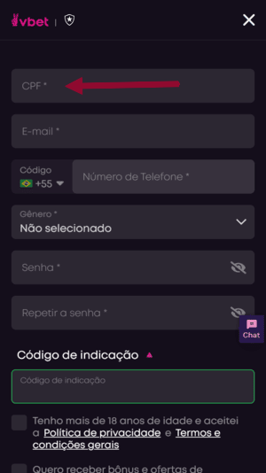 Terceiro passo no cadastro da Vbet