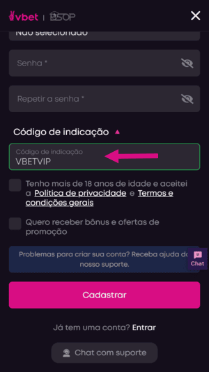 Quinto passo no cadastro da Vbet