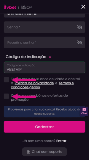 Sexto passo no cadastro da Vbet