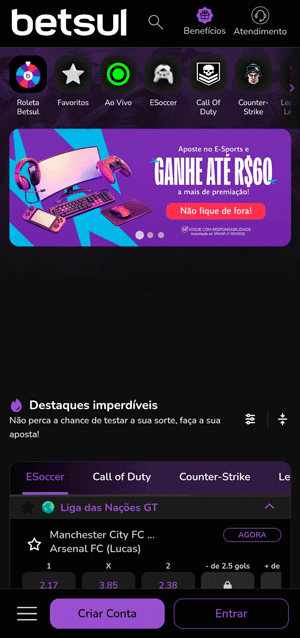 Seção de eSports da Betsul com banner de bônus em destaque

