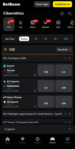 Seção de eSports na BetBoom com mercados para eventos de CS2
