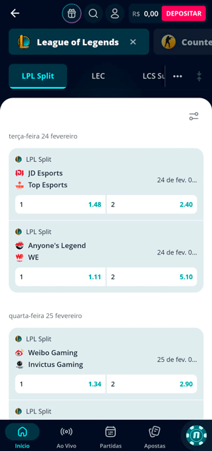 Seção de eSports da Novibet com filtro de eventos de League of Legends
