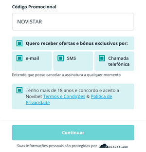 Final do formulário de cadastro na Novibet