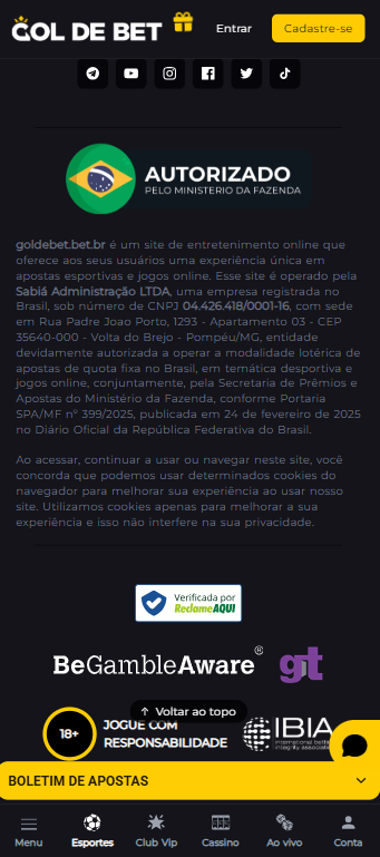 Captura de tela mostra rodapé da Gol de Bet, empresa verificada pelo ReclameAQUI e autorizada pelo Ministério da Fazenda