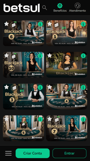 Opções de blackjack ao vivo que podem ser encontradas na Betsul