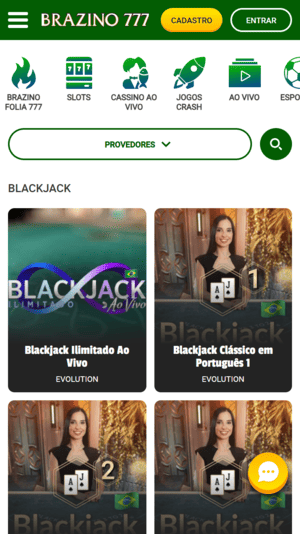 Mesas de blackjack ao vivo disponíveis na Brazino777