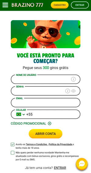 Formulário de cadastro na Brazino777 que pede nome de usuário, senha, e-mail e telefone
